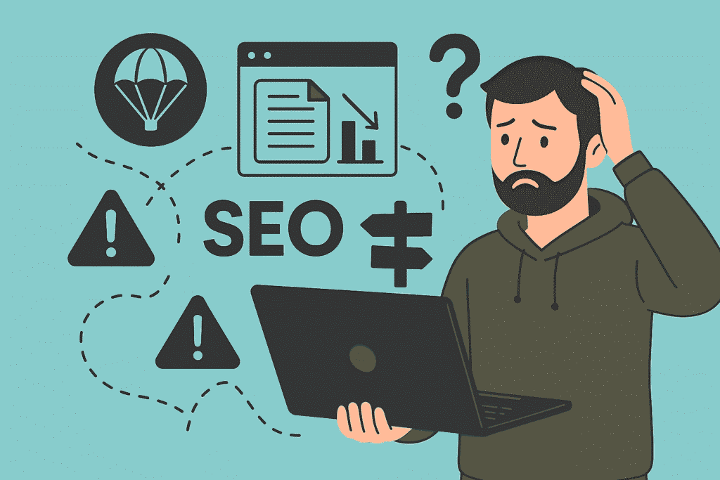 seo-optimization-challenges-man-with-laptop-confused-seo-icons-path-obstacles
