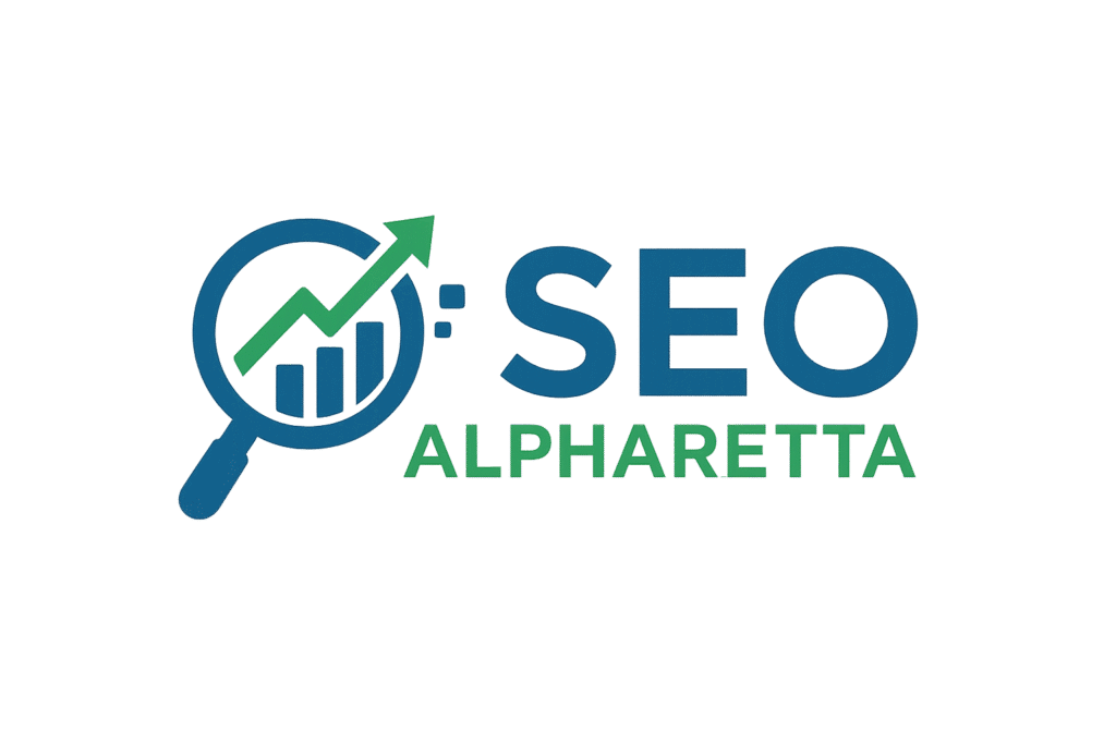 SEO Alpharetta logo featuring a magnifying glass with growth chart and upward trending arrow